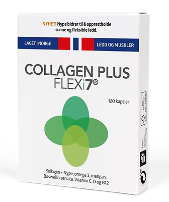 Collagen Plus inneholder virgin lakseolje, kollagen type I og II, ekstrakt av indisk salaitre, steinnype, vitamin C, mangan, vitamin D og vitamin B12.